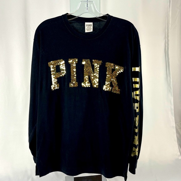 PINK Victoria's Secret Tops - PINK Victoria's Secret VS Bling Sequin Off Black/Dark Gray LS T-Shirt Size S